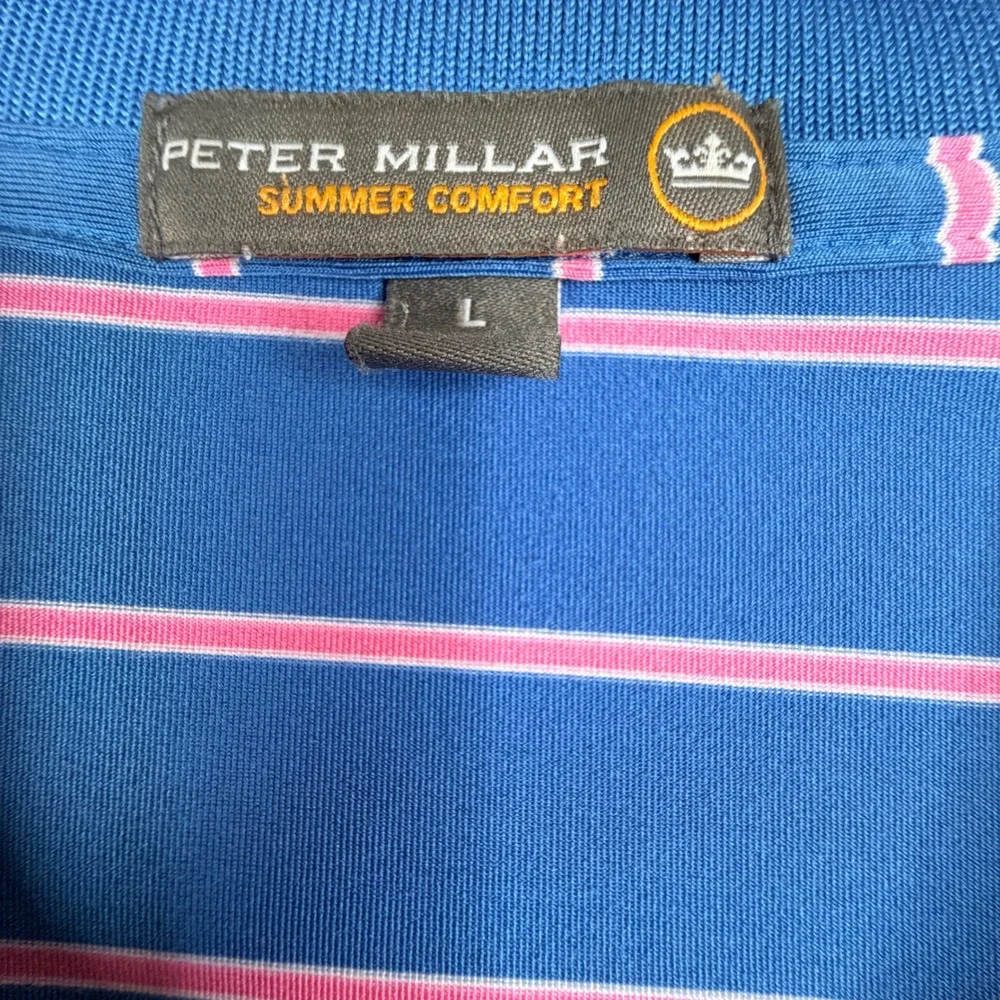 Peter Millar Summer Comfort Polo Shirt Mens Large Blue Pink Striped Ironwood
